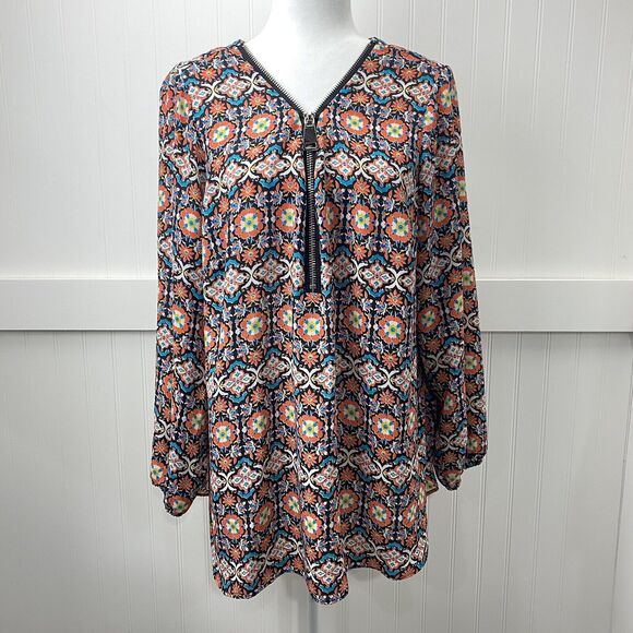 Zac & Rachel Tops - Boho Tunic Top Zac & Rachel 1X Orange Teal Multicolor Pattern Zip Neckline
